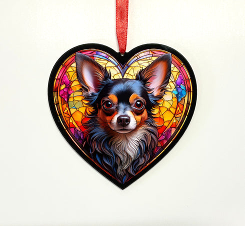 Chihuahua Black Stained Glass Effect Heart Suncatcher